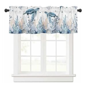 Navy Blue Turtle Kitchen Curtains Valances Coastal Valances for Windows 18 Inch 